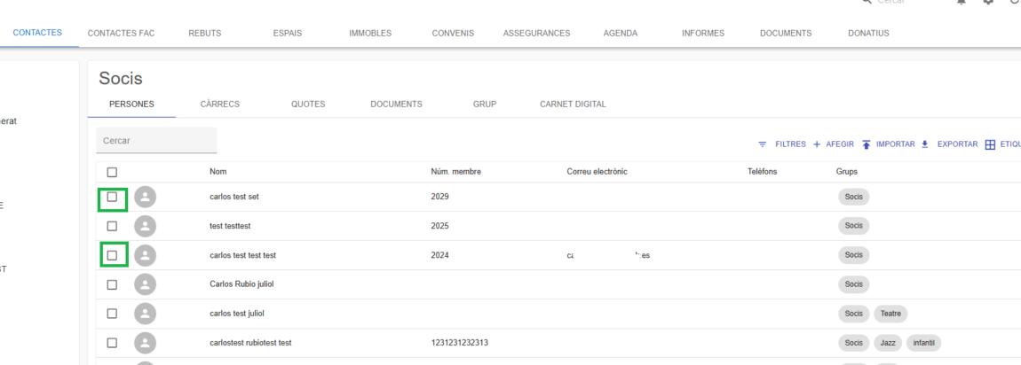 Gestió d’Entitats – Accions massives de contactes