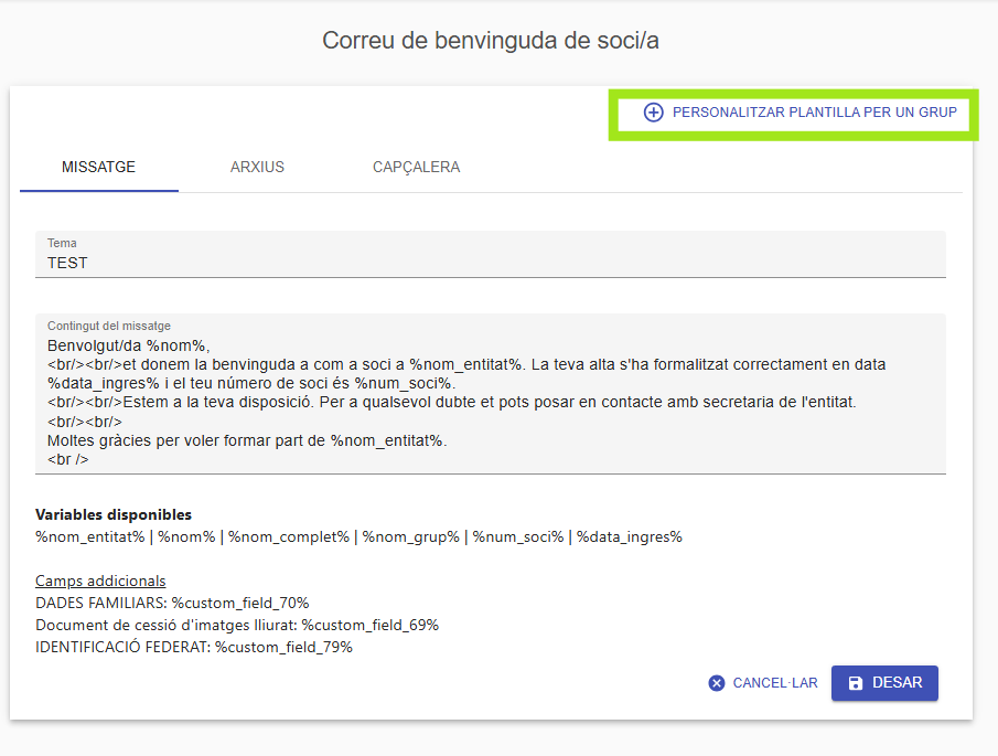 Gestió d’Entitats – Plantilles de correu personalitzades per grups